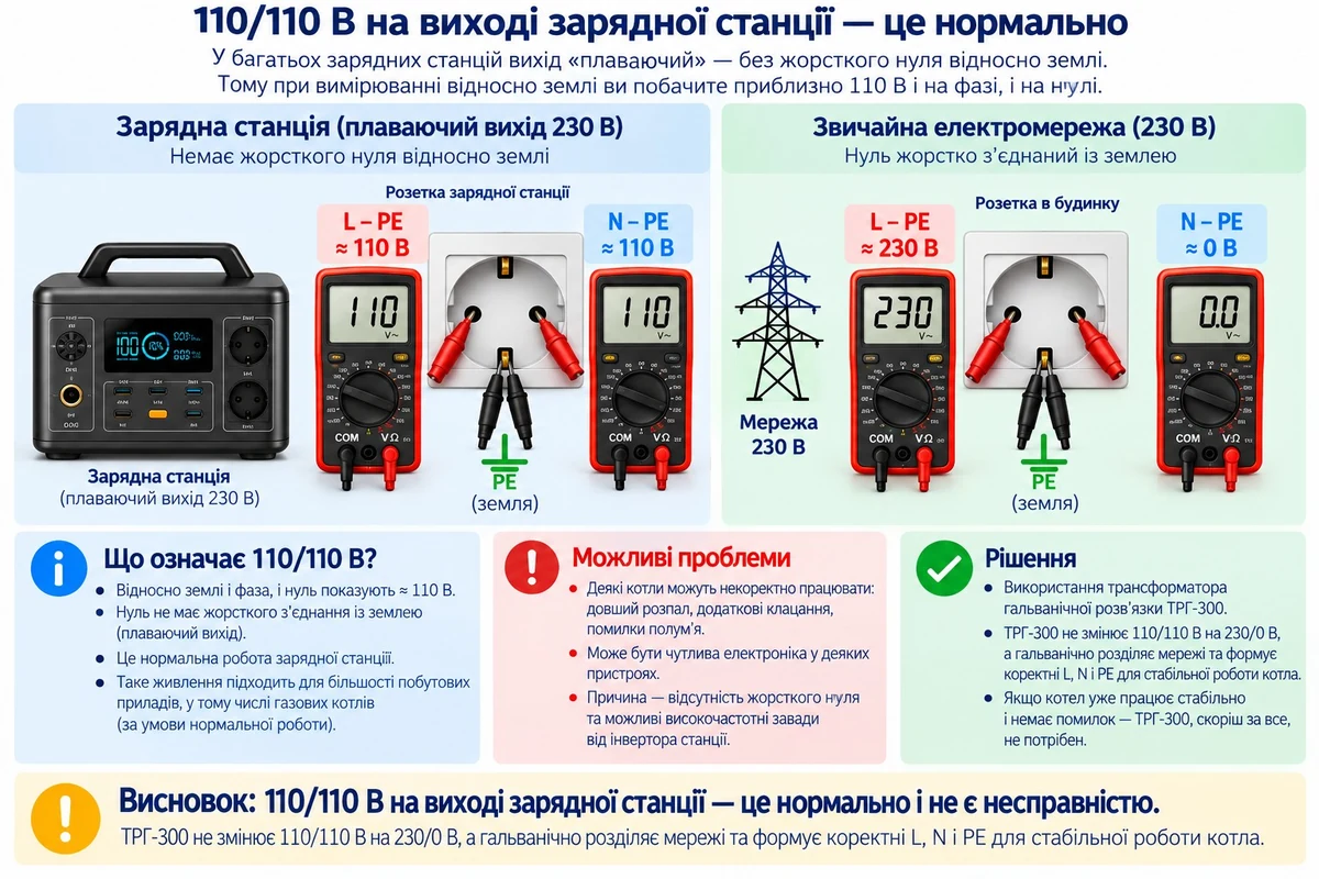 Порівняння 110/110 В на плаваючому виході зарядної станції та 230/0 В у звичайній електромережі